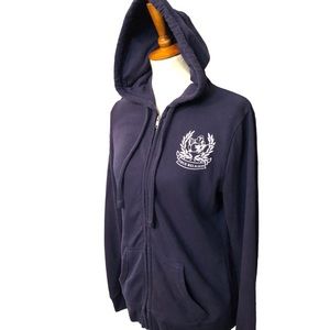 True Religion navy blue hoodie graphics front, back and one sleeve.